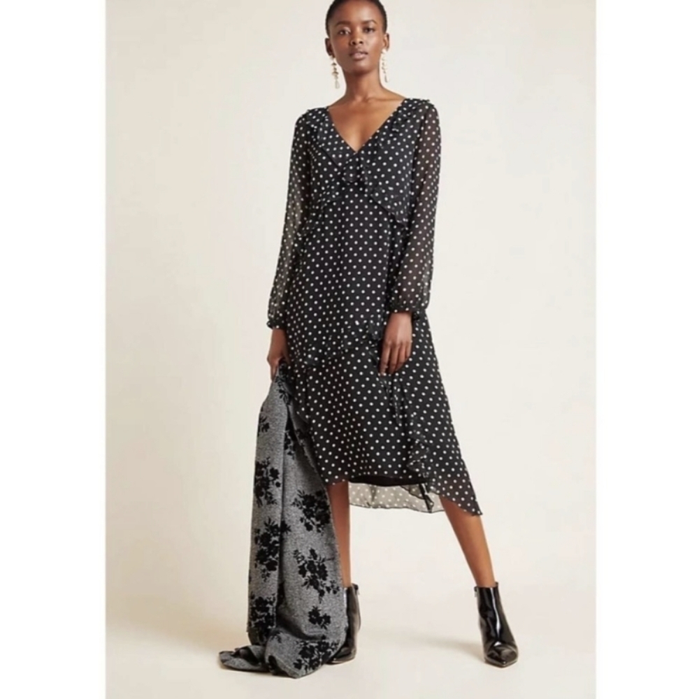 ANTHROPOLOGIE x MAEVE Serina Black White Polka Dot Ruffle Midi Dress Size Small